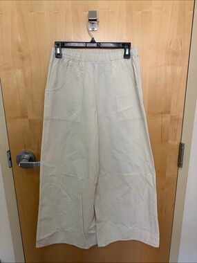 Wide Leg Cream Linen Blend Casual Pants with Elastic Waist